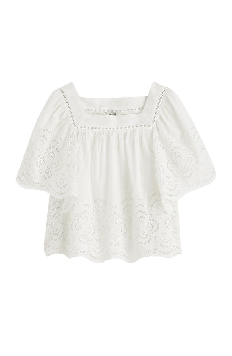 Madewell Eyelet Flutter Sleeve Cotton Blend Top, Alternate, color, White
