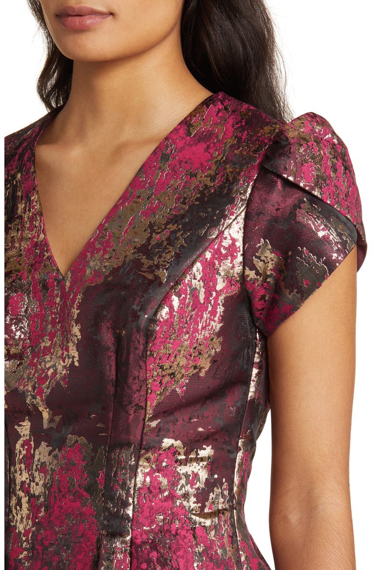 metallic jacquard fit & flare dress vince camuto Vince Camuto Women's Red Metallic Floral Jacquard Elbow Sleeve Fit & Flare Dress