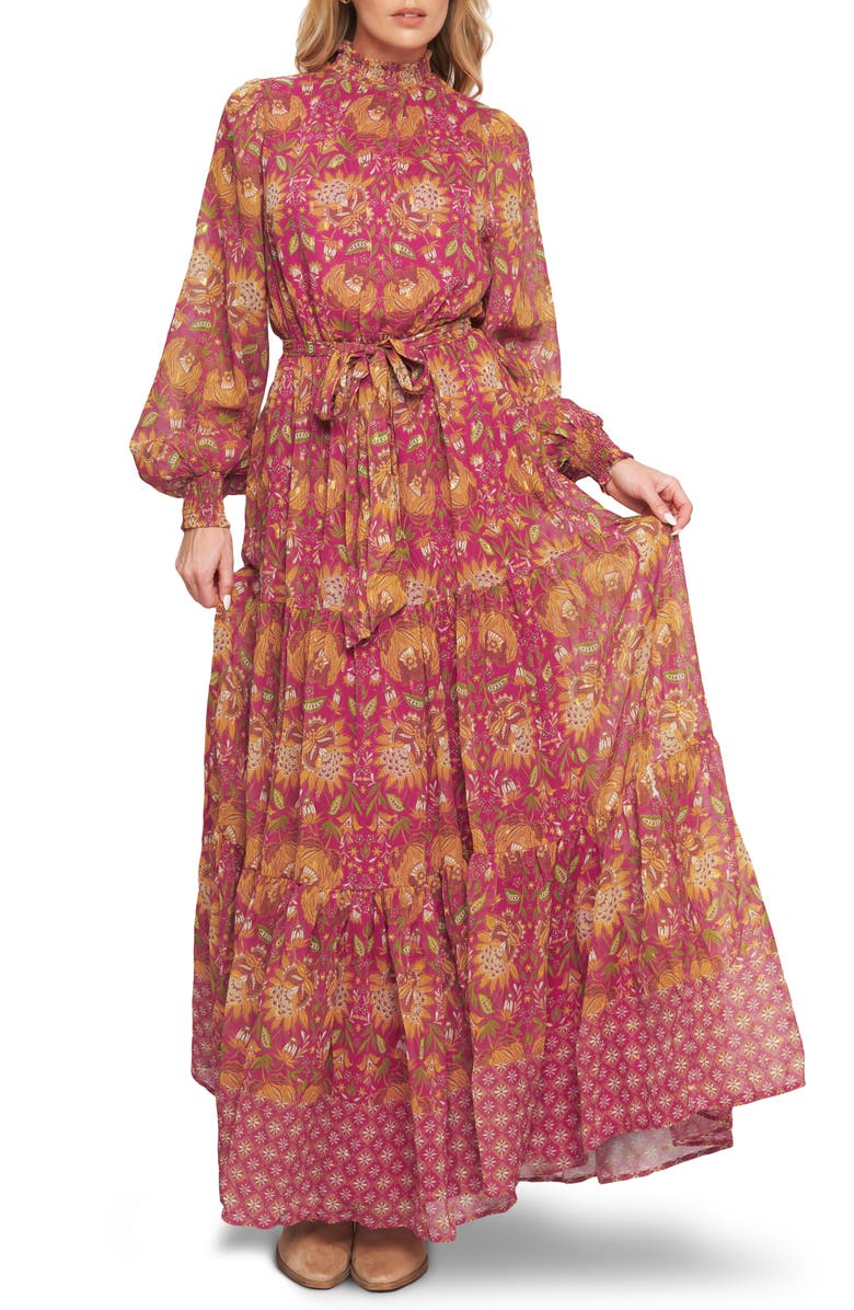 FLYING TOMATO Floral Balloon Sleeve Tiered Maxi Dress, Main, color,