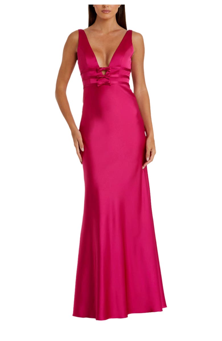 Mac Duggal Sleeveless V Neck Satin Gown With Bow Details, Main, color, Raspberry