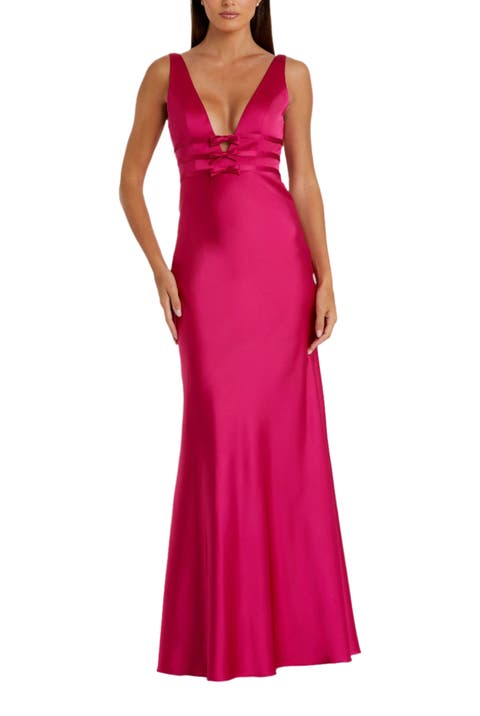 Sleeveless V Neck Satin Gown With Bow Details
