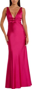 Mac Duggal Sleeveless V Neck Satin Gown With Bow Details