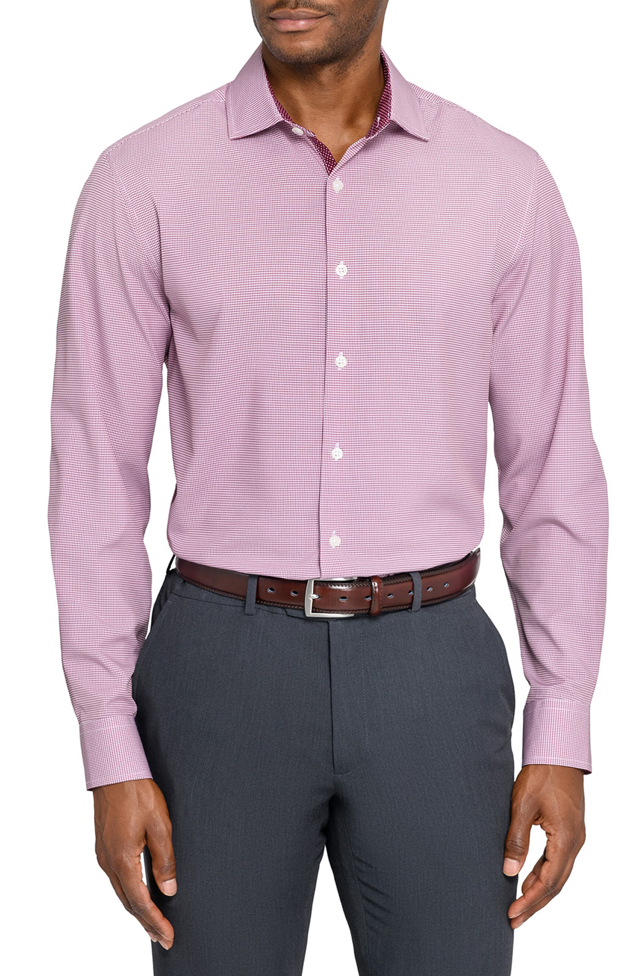 Slim Fit Red Micro Houndstooth Performance Dress Shirt