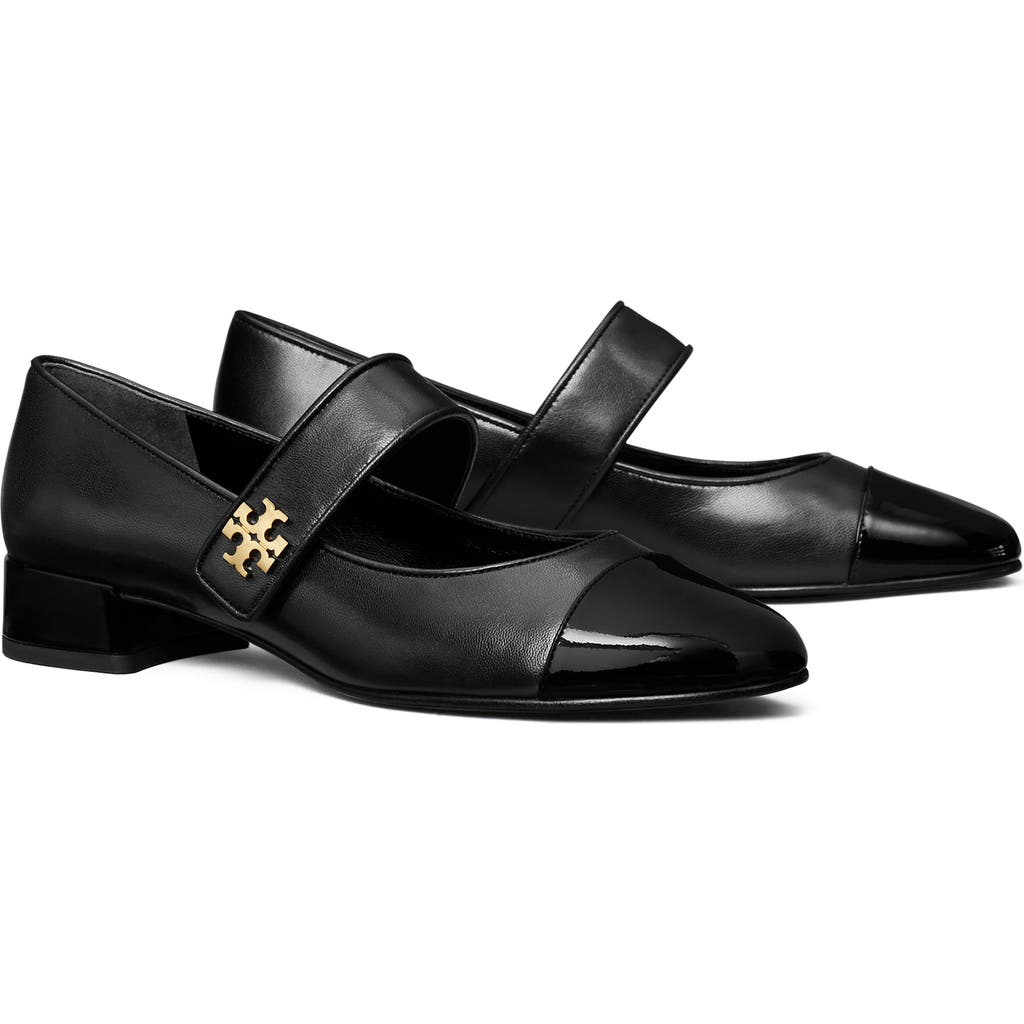 Tory Burch Black Leather Cap-toe Mary Jane Ballerinas In Black