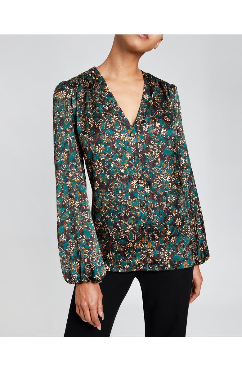 Santorelli ALEXIA Long Sleeve Buttoned Blouse in Modern Floral Print, Alternate, color, Pine Multi