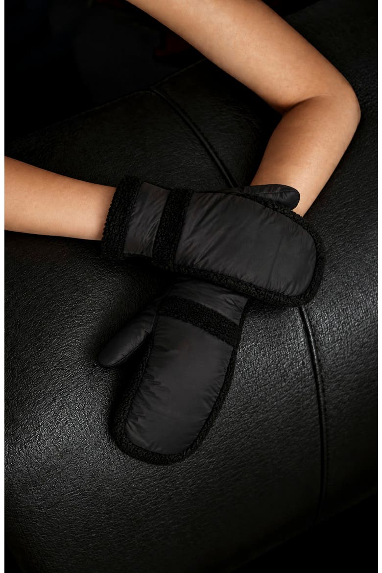 Thalie Quilted Shearling Trim Mittens, Alternate, color, BLACK