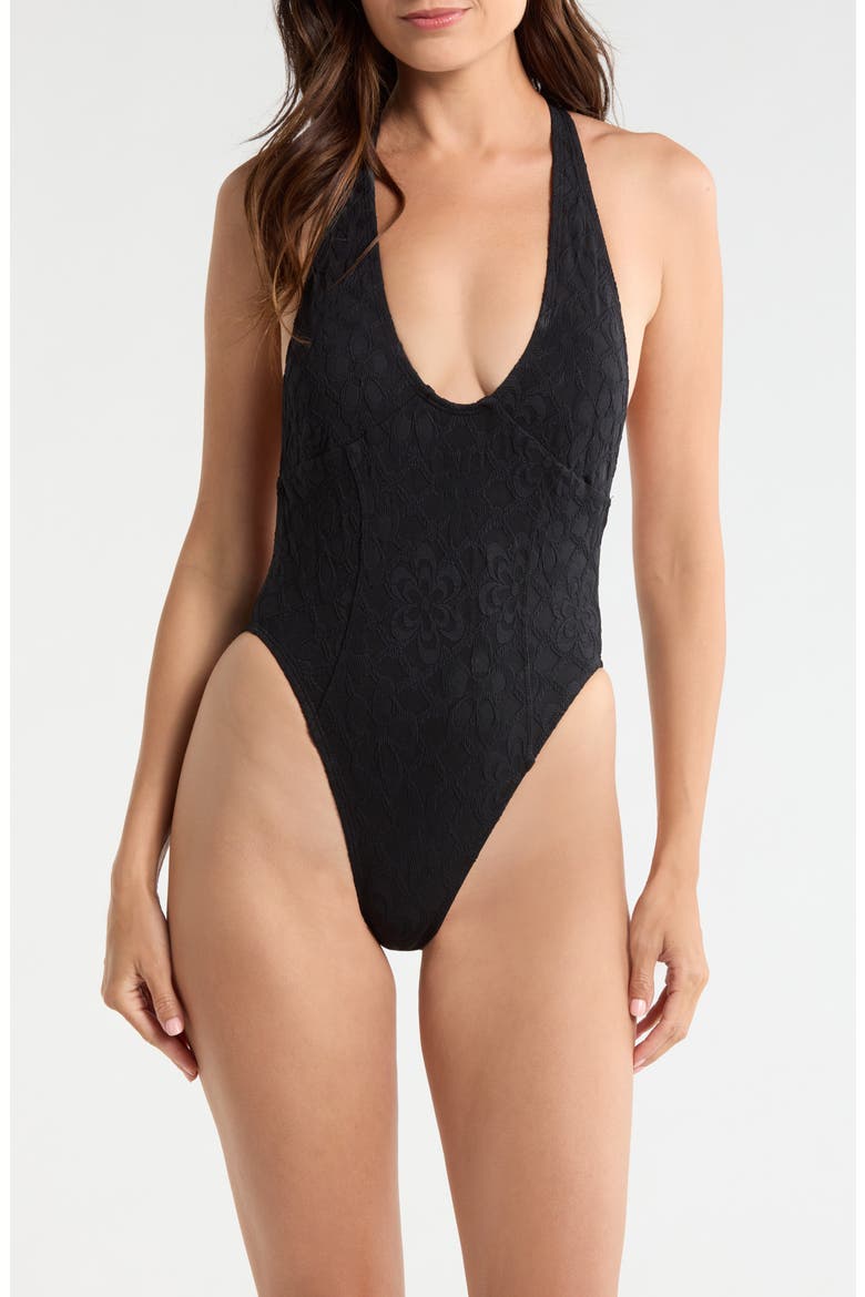 Rue Floral Jacquard One-Piece Swimsuit, Main, color, BLACK