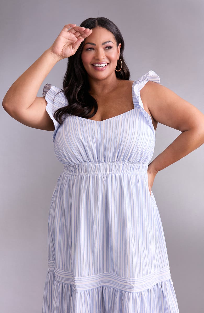 London Times Flutter Sleeve Ruffle Hem Dress, Alternate, color, Chambray/ White