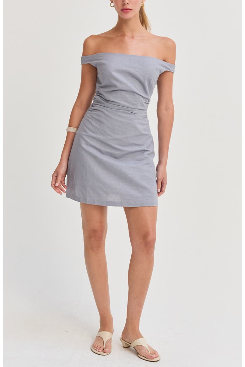 Off Shoulder Side Ruched Linen Mini Dress, Alternate, color, Light Blue