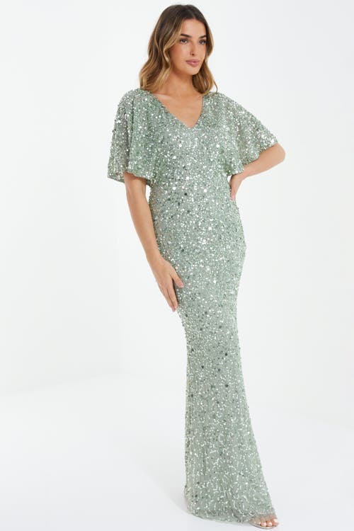 Quiz Sequin Batwing Maxi Dress In Sage
