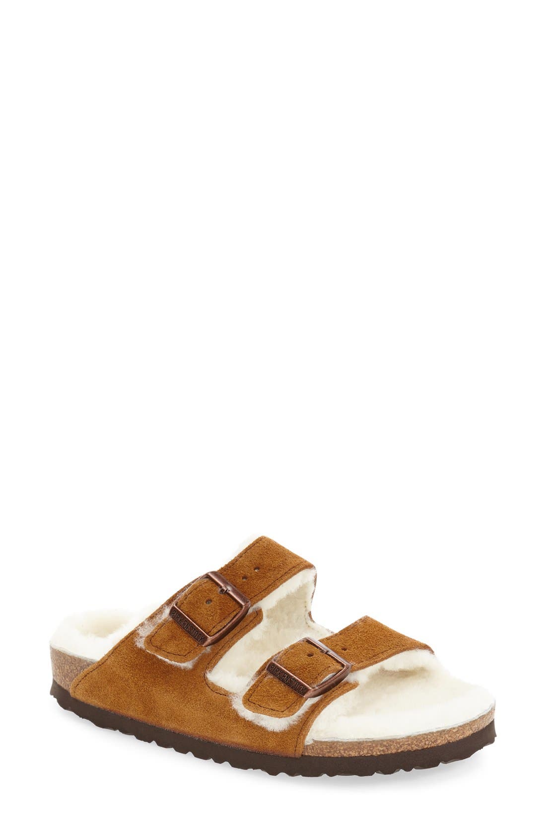 Arizona Genuine Shearling Lined Slide Sandal, Main, color, MINK SUEDE