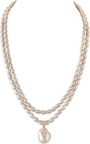 The Pearl Source 4.5-5.0mm Oval White Freshwater Pearl Double Strand Necklace