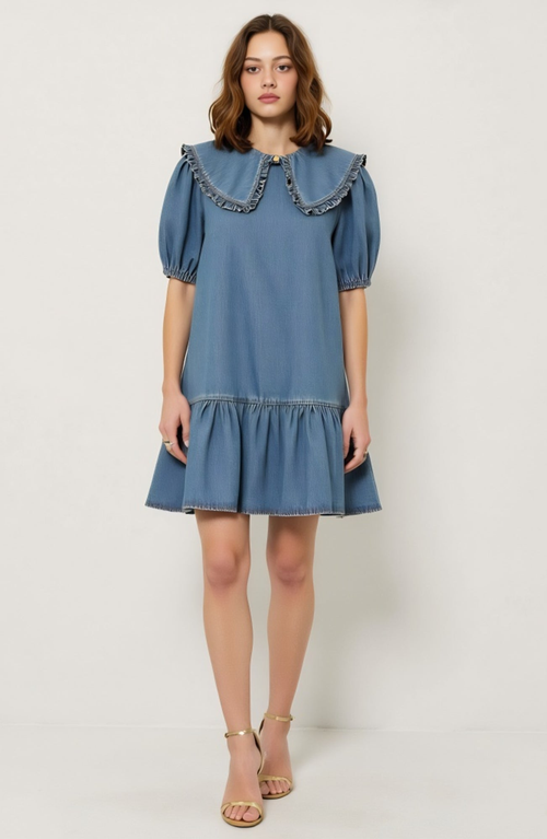 Modenaire Ruffled Collar Dress With Puff Sleeves And Tiered Hem In Blue