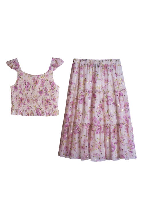 Shop Zunie Kids' Smocked Tank Top & Maxi Skirt Matching Set In Ivory/orchid