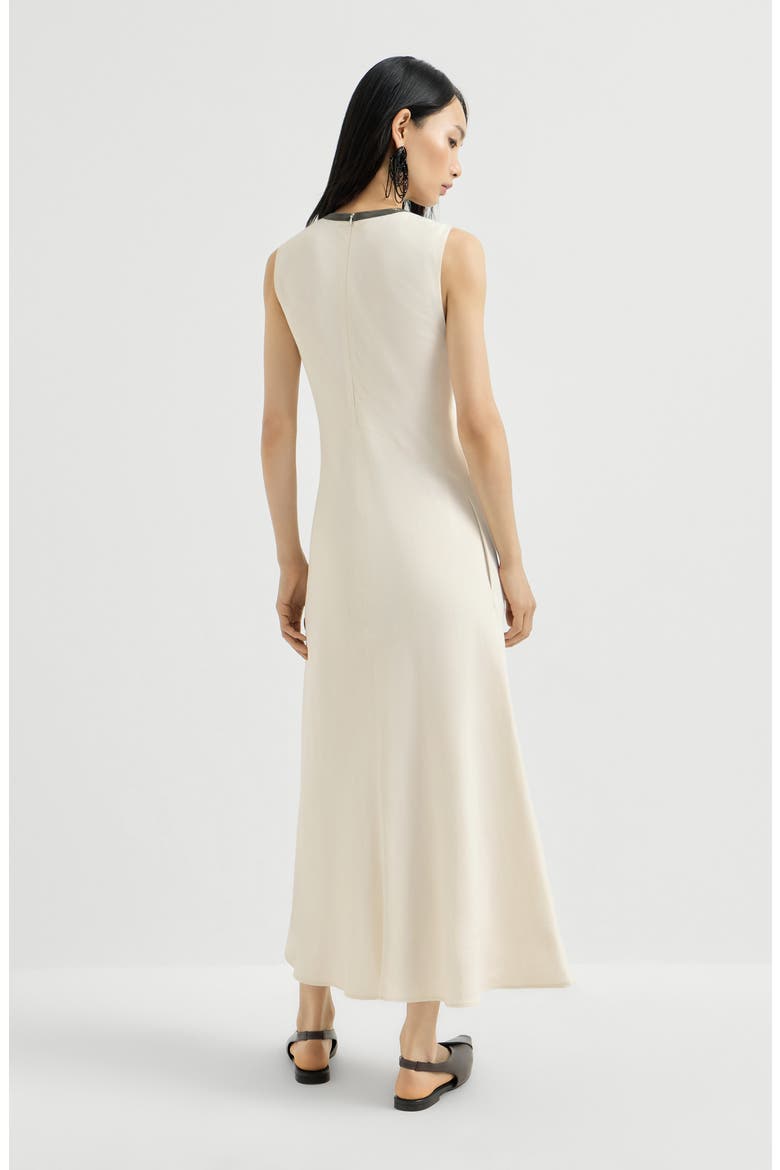 Viscose and linen fluid twill dress with precious collar, Alternate, color, Milk