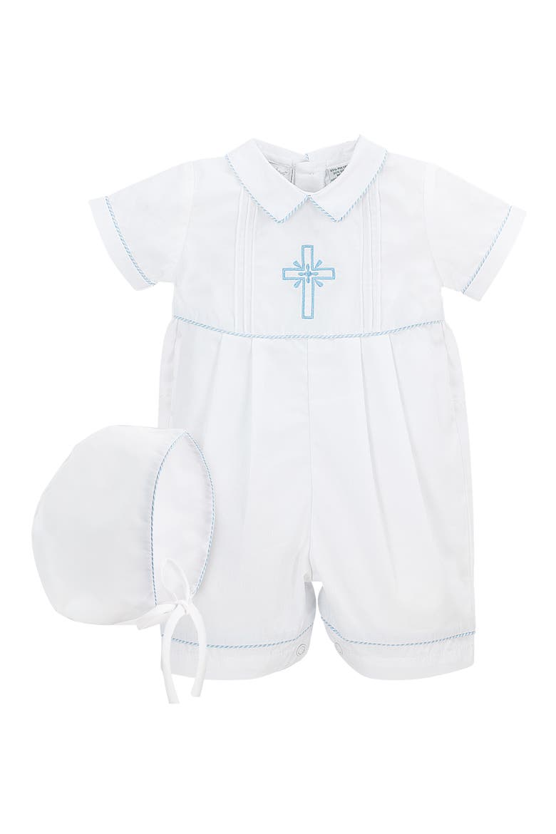 Embroidered Christening Romper & Bonnet Set, Main, color, WHITE