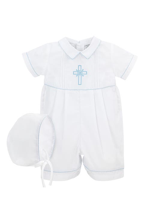 Embroidered Christening Romper & Bonnet Set (Baby)