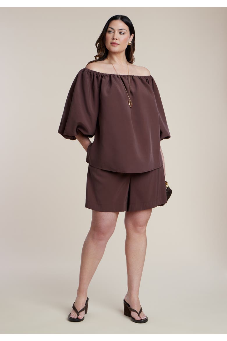 Off The Shoulder Puff Sleeve Top, Alternate, color, HOT FUDGE