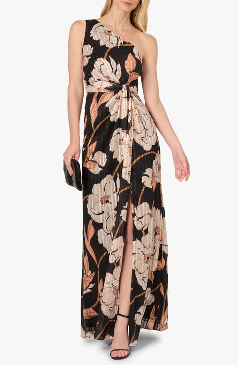 Floral One Shoulder Draped Ribbon Chiffon Gown
