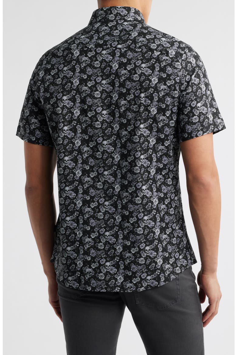 Summer Crush Skulls & Flowers Print Short Sleeve Stretch Cotton Blend Button-Up Shirt, Alternate, color, BLACK