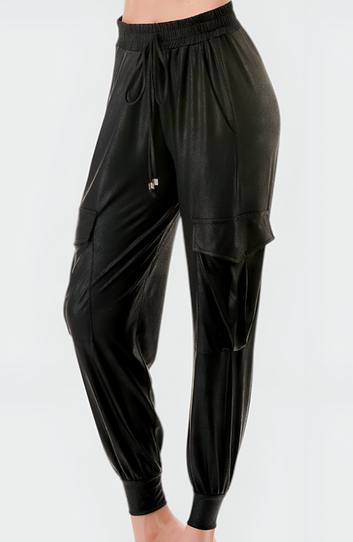 Modenaire Faux Leather Cargo Drawstring Jogger Pants In Black