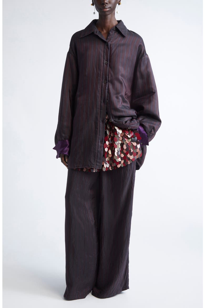 Peen Crinkled Stripe Cupro Wide Leg Pants, Alternate, color, BURGUNDY