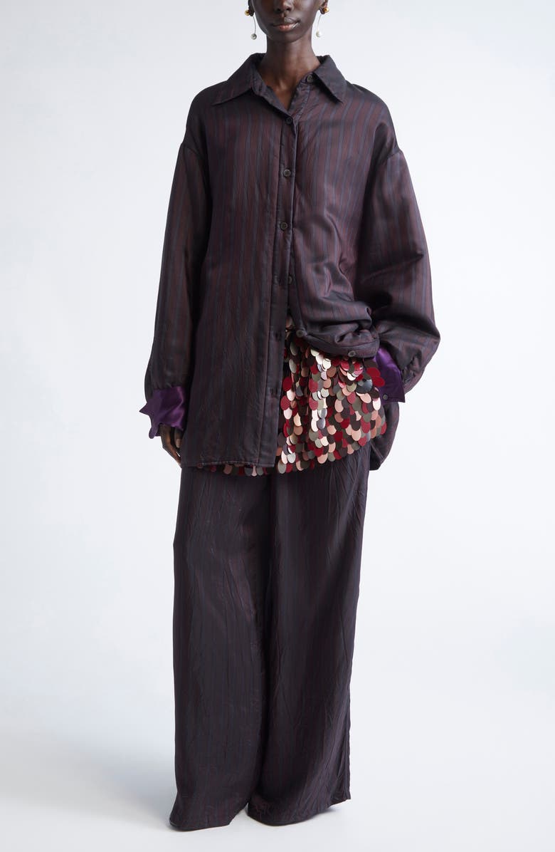 Dries Van Noten Peen Crinkled Stripe Cupro Wide Leg Pants, Alternate, color, Burgundy