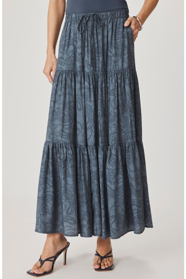 Iris Paisley Tiered Maxi Skirt, Main, color, MOOD INDIGO BLUE