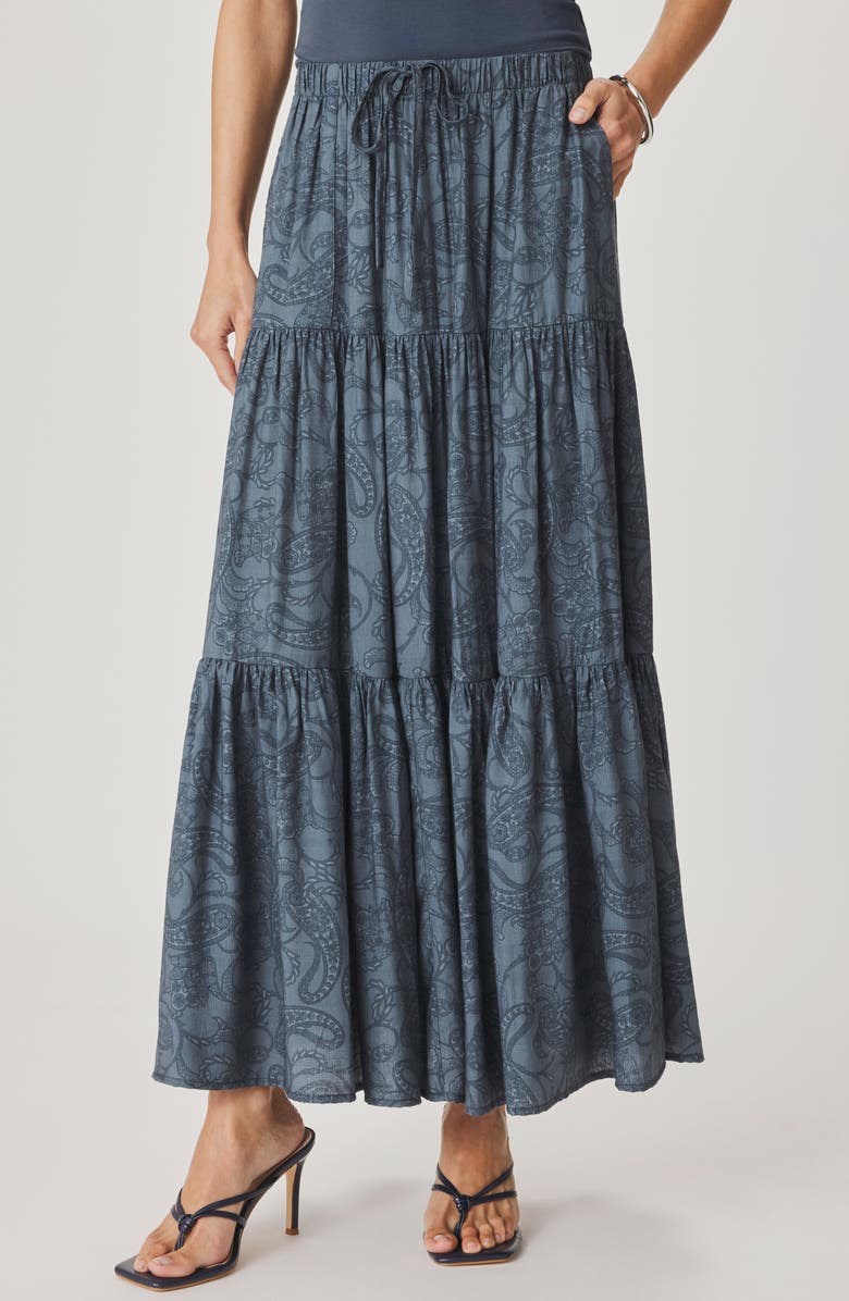 Splendid Iris Paisley Tiered Maxi Skirt, Main, color, Mood Indigo Blue
