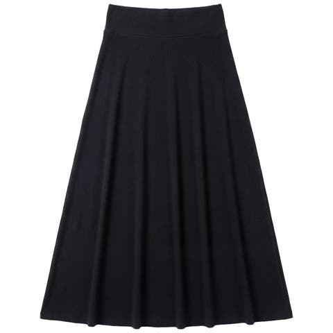 Flared Ribbed Waist Stretch Knit Long Skirt