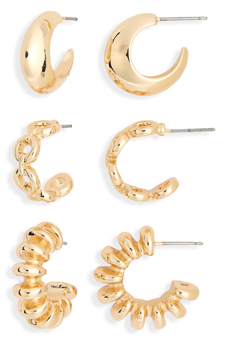 Set of 3 Hoop Earrings, Main, color, GOLD