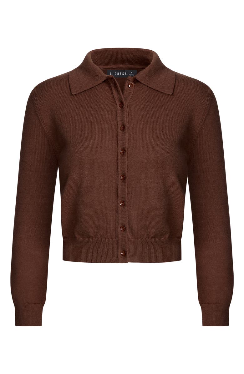LIONESS Awakening Crop Polo Cardigan, Alternate, color, Chestnut Plain