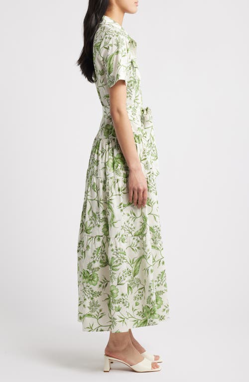 Zoe And Claire Floral Tiered Cotton Shirtdress In Green Multi