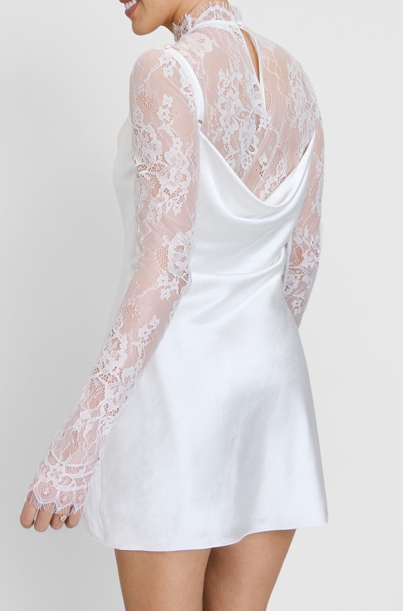 lace trim cowl neck satin mini dress Six Stories Women's Lace Sleeve Cowl Satin Mini Dress