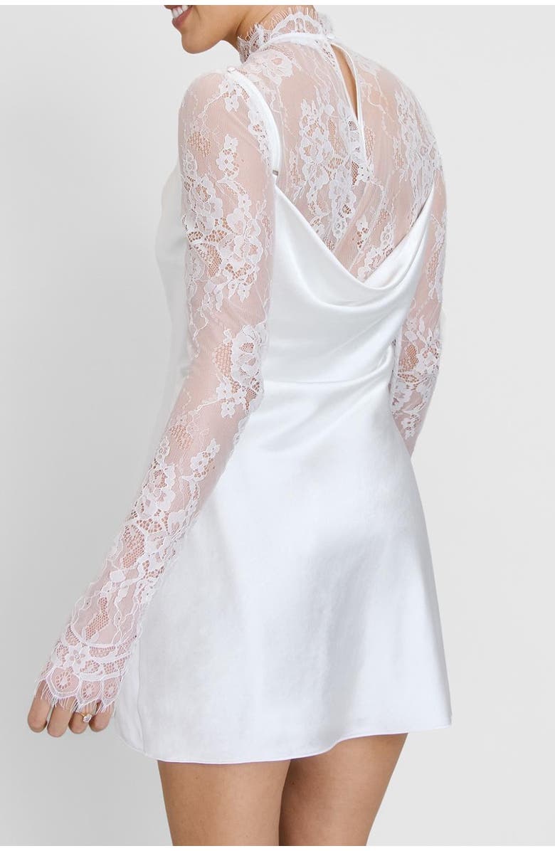 Six Stories Lace Sleeve Cowl Satin Mini Dress, Alternate, color, White