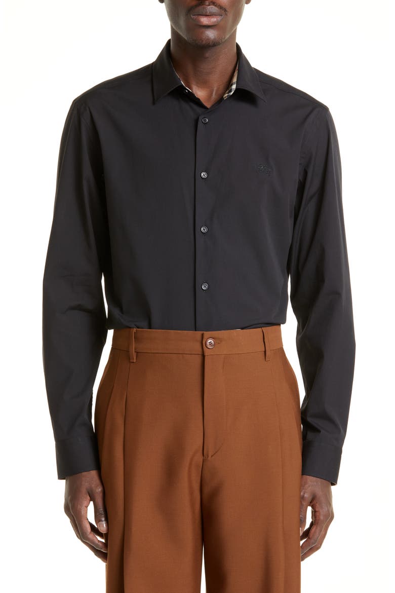 Sherfield Equestrian Knight Stretch Cotton Poplin Button-Up Shirt, Main, color, BLACK