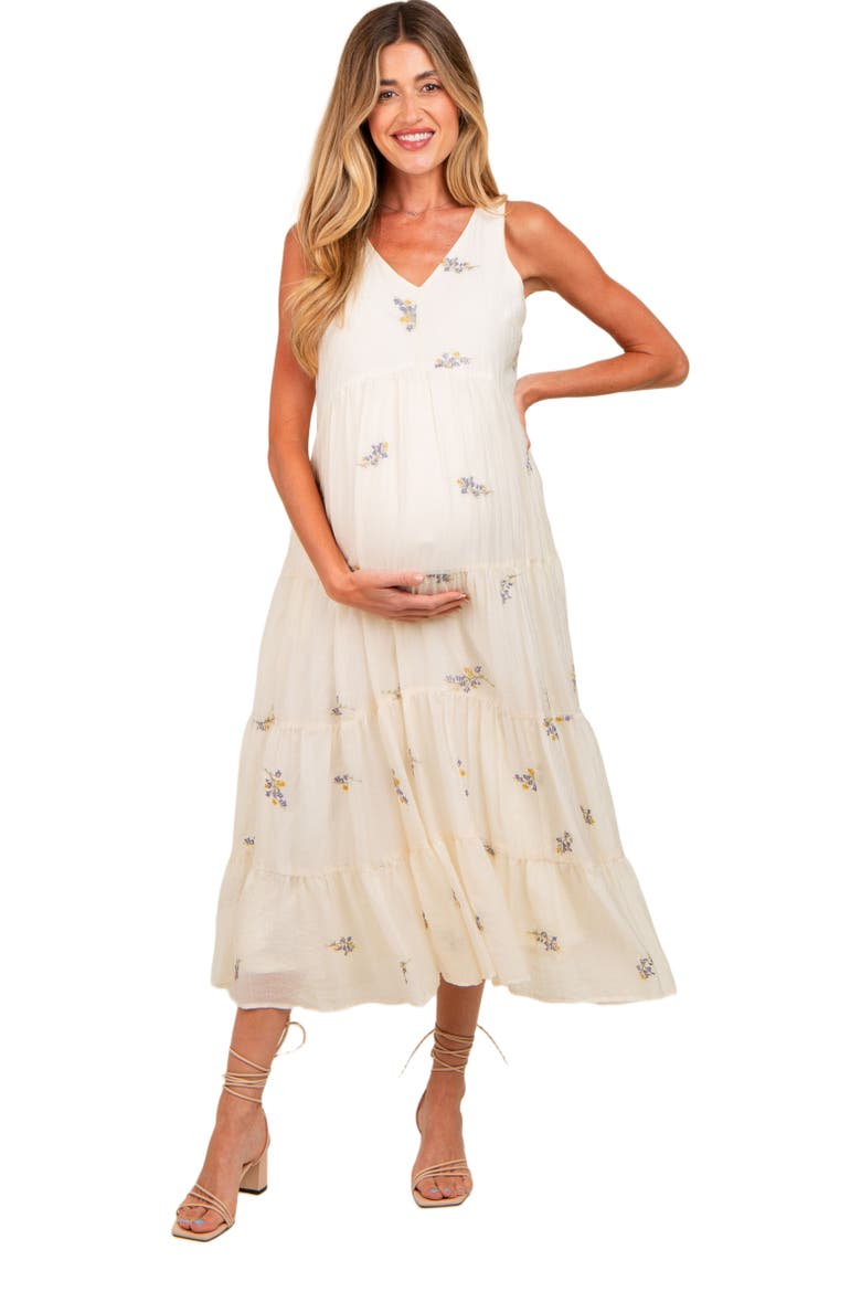 Ditsy Floral Embroidered V Neck Tiered Dress, Main, color, Lavender