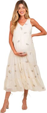 PinkBlush Ditsy Floral Embroidered V Neck Tiered Dress