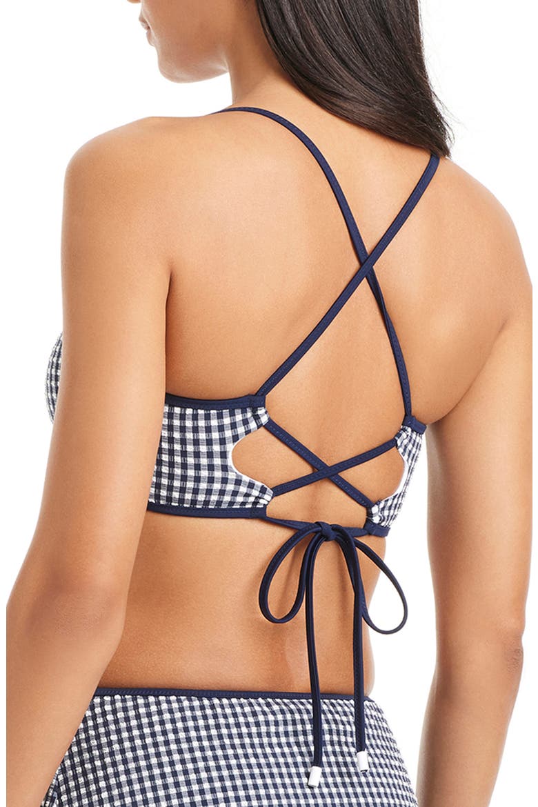 Gingham Print U-Bar Bikini Top, Alternate, color, NAVY MOOD