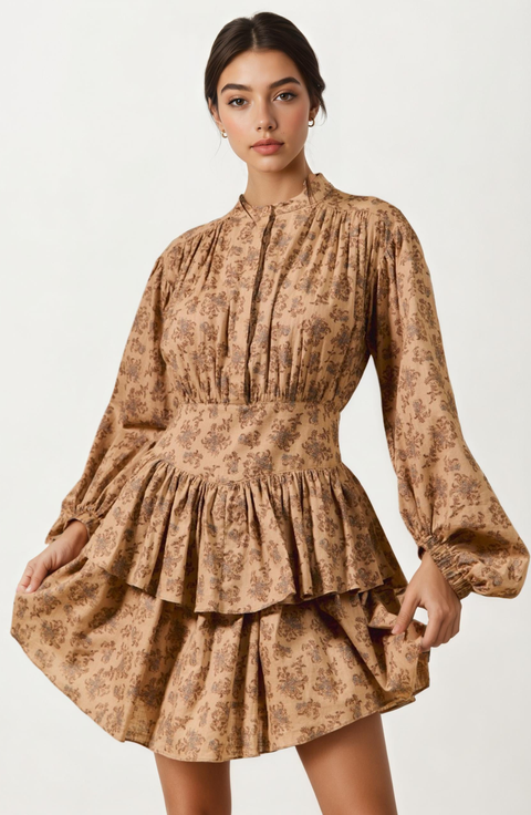 Tiered Long Sleeve Mini Dress with Smocked Waist