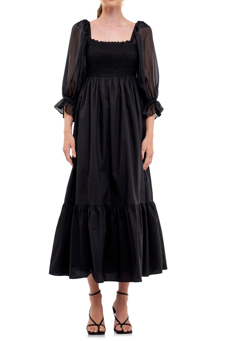 Smocked Poplin & Organza Midi Dress, Main, color, BLACK