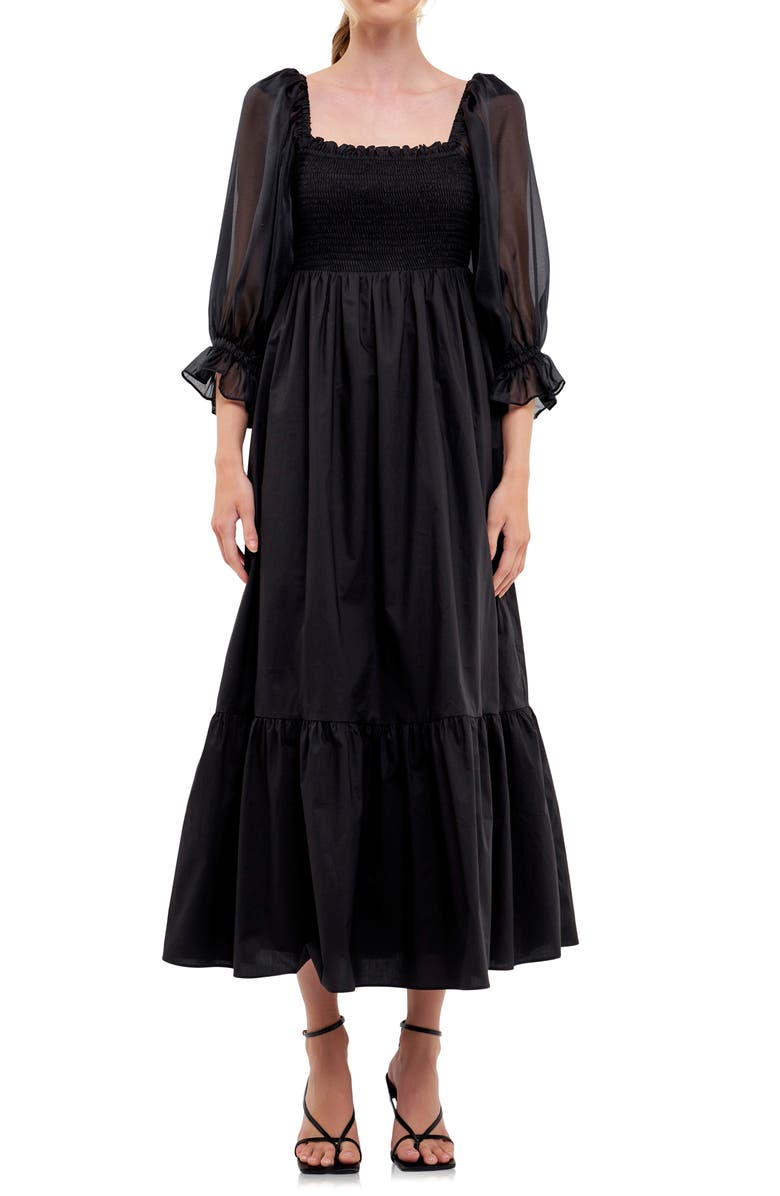 English Factory Smocked Poplin & Organza Midi Dress, Main, color, Black