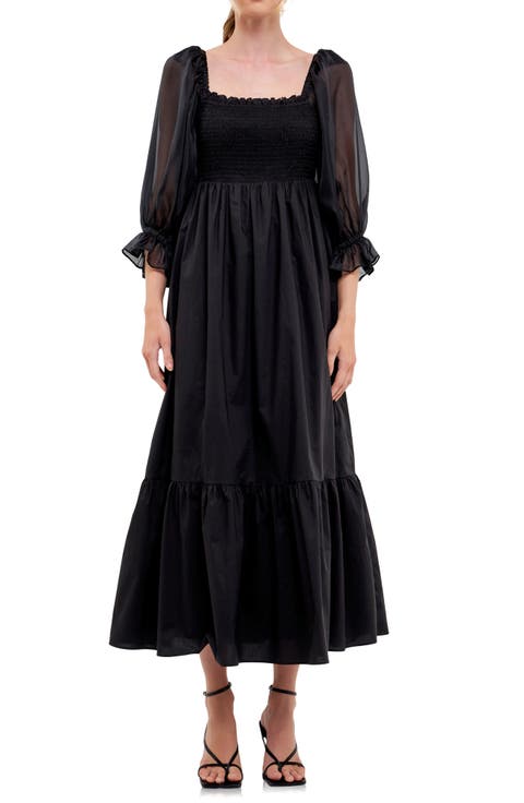 Smocked Poplin & Organza Midi Dress