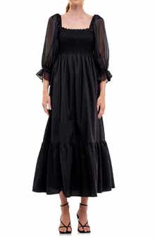 Smocked Poplin & Organza Midi Dress