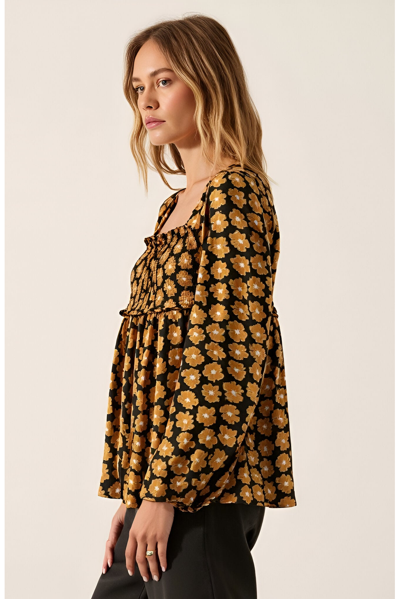 Floral Print Smocked Bodice Long Sleeve Top with Square Neckline, Alternate, color, Floral Print