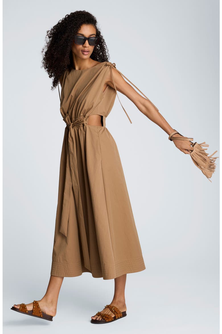 Cutout Detail Ruched Waist Stretch Cotton Midi Dress, Alternate, color, MESQUITE