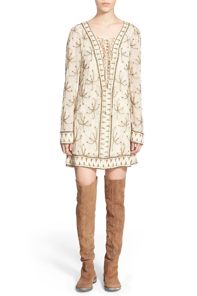 'Sicily' Beaded Lace-Up Minidress, Main, color, IVORY