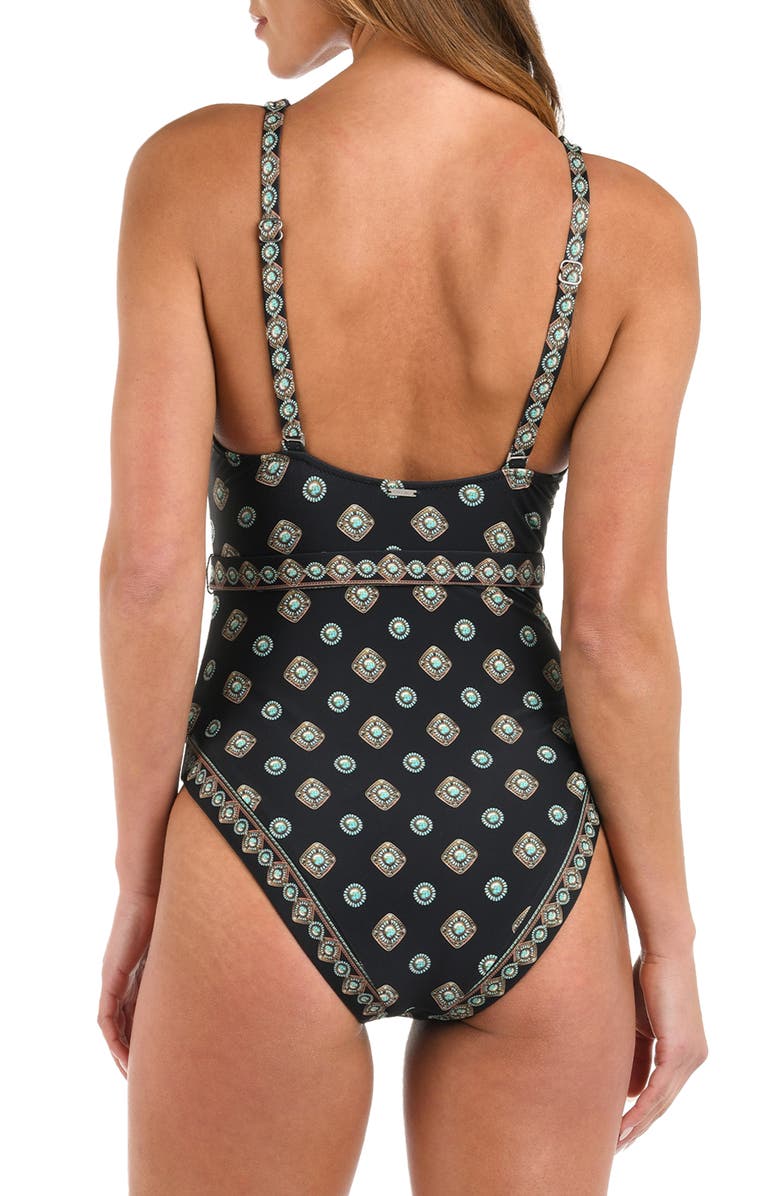 L'AGENCE Lisa Southwestern Belted One-Piece Swimsuit, Alternate, color, Black