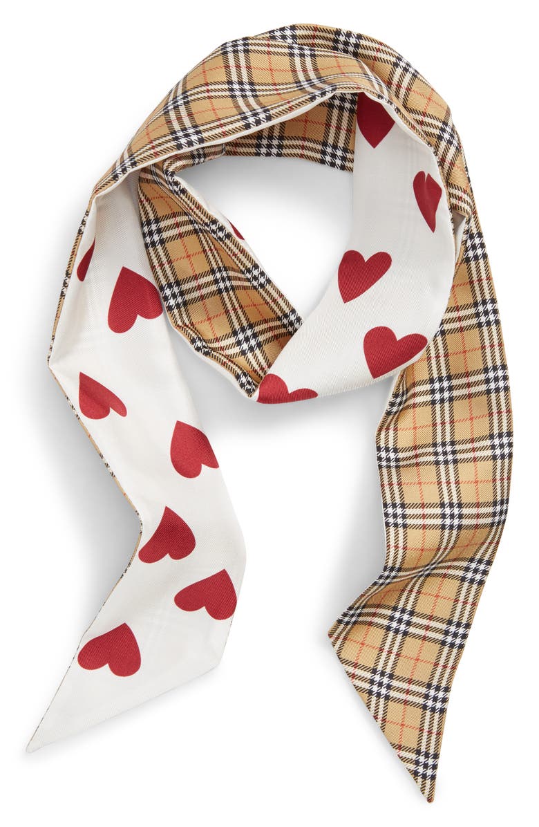 Burberry Heart & Check Silk Skinny Scarf, Alternate, color, 