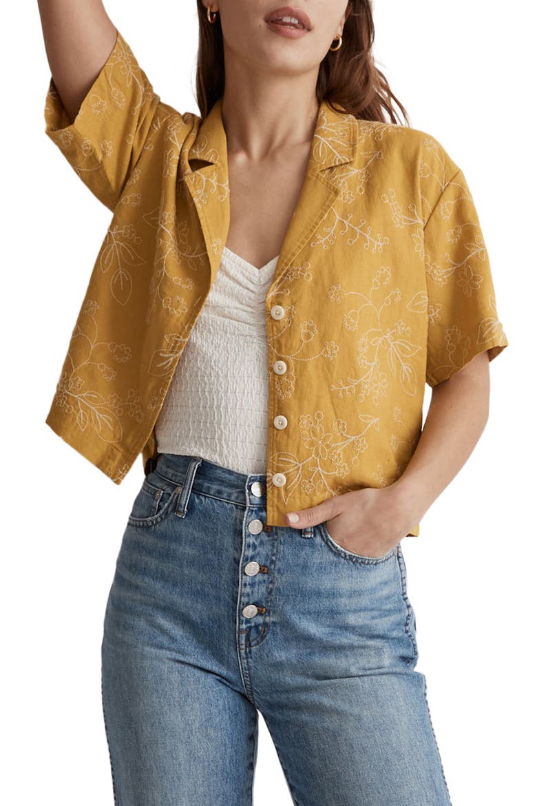 Resort Embroidered Linen Blend Crop Button-Up Shirt, Main, color, GILDED CHARTREUSE